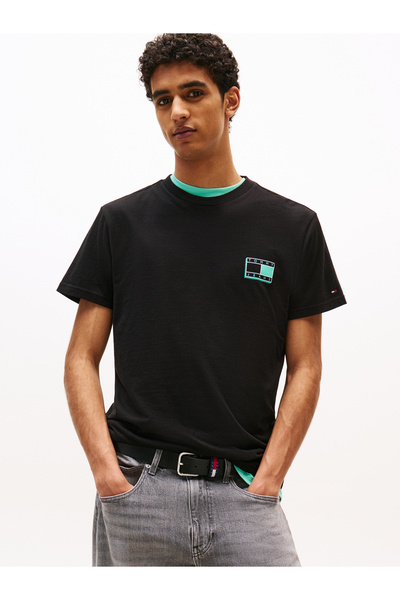 Tommy Hilfiger Men Black Logo Slim Crew Neck T-Shirt