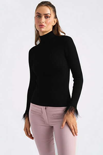 armonika Women's Black Turtleneck Sleeveless Furry Knit Sweater Arm-26K136038