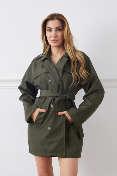DPARİS Plus Size Belted Buttoned Trench Coat