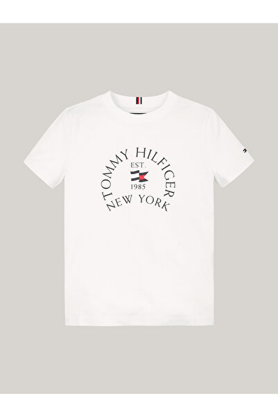 Tommy Hilfiger Boys White Logo Print Crew Neck T-Shirt