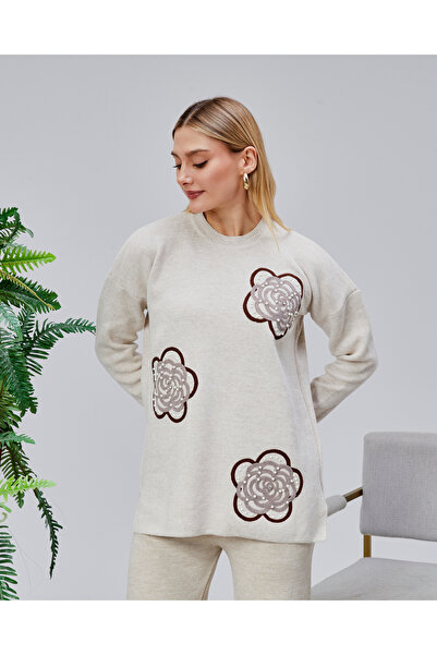 Jinx Wear Fashion Rose Lace Embroidery Pearl Detailed 2-Piece Knitwear Set