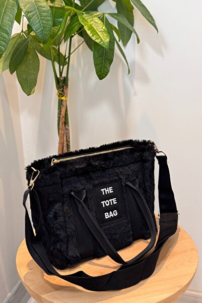 Classbag Yazılı Siyah Kolon Askılı Kürklü Peluş Çapraz Kadın Çanta