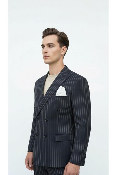 Plus Scorpion Black Striped Men's Double-Breasted Blazer Jacket – Italian Cut, Stylish and Modern