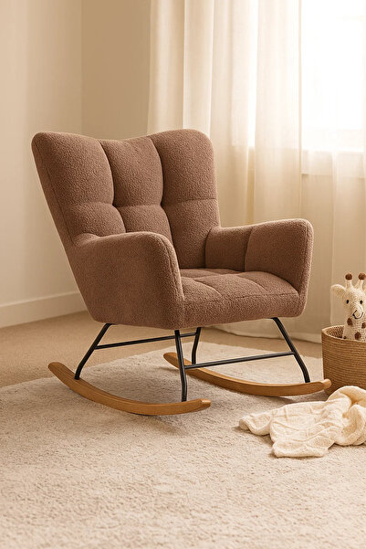 MARIA HOMES Modern Brown Fabric Rocking Armchair, Comfortable Lounge Chair with Wooden Rocker Legs for Home