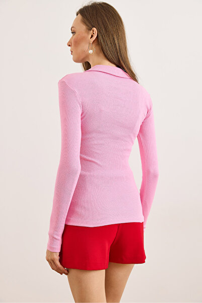Olalook Women's Candy Pink Polo Neck Zipper Long Sleeve Stretchy Blouse Blz-19003103