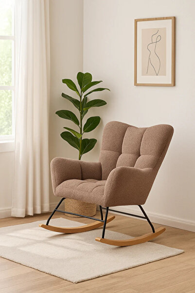 MARIA HOMES Modern Brown Fabric Rocking Armchair, Comfortable Lounge Chair with Wooden Rocker Legs for Home