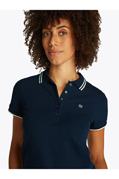 Tommy Hilfiger تي شيرت بولو نسائي ضيق باللون الأزرق قصة ضيقة متباين