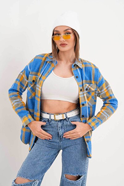 Polologin Butik Women's Lumberjack Blue Yellow Striped Pocketed Sport Cut Shirt