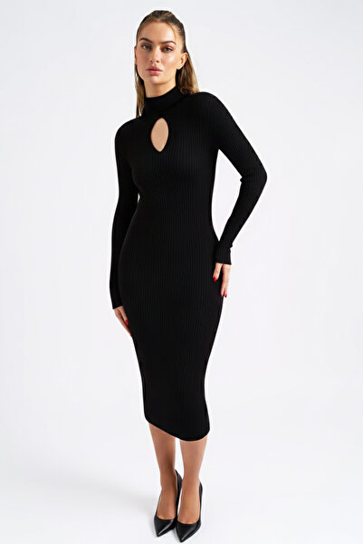 armonika Women's Black Turtleneck Knit Dress with Front Window Arm-26K136064