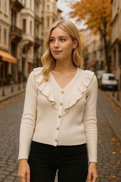 HİRA LİFE FASHİON Pulover-cardigan cu decolteu în V cu detaliu cu nasturi pen...