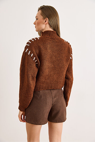 Olalook Women's Brown Stitching Detailed Soft Textured Knitwear Sweater Kzk-19001051
