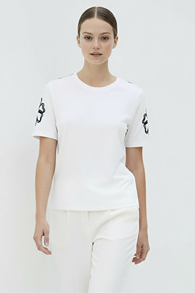 Allyco Crew Neck Sleeve Embroidered Regular Knitted White T-Shirt