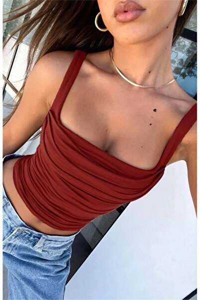 bysoca Kadın Bordo Kare Yaka Önü Büzgülü Sırt Dekolteli Vücudu Saran Esnek Crop Bluz
