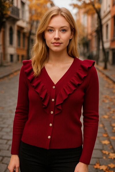 HİRA LİFE FASHİON Pulover-cardigan cu decolteu în V cu detaliu cu nasturi pen...