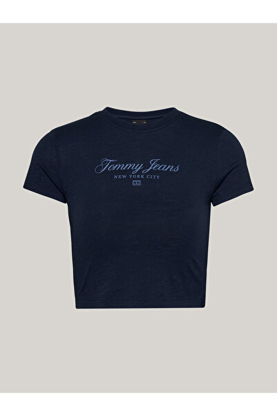 Tommy Hilfiger Women Dark Night Navy Logo Slim Crop Crew Neck T-Shirt