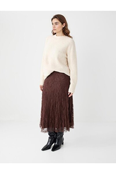 Jimmy Key Brown High Waist Lace Detailed Knitted Midi Skirt