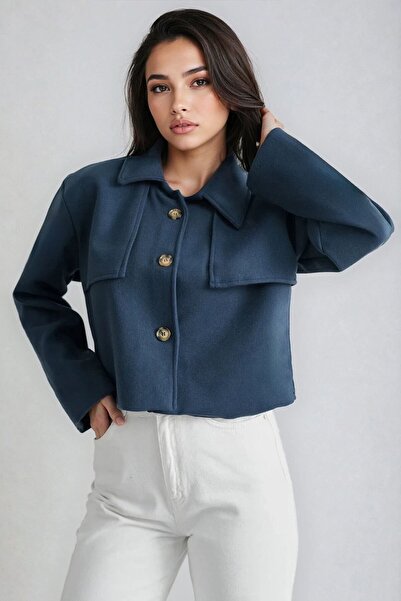 VAGGON Shirt Collar Button Closure Short Cashmere Jacket