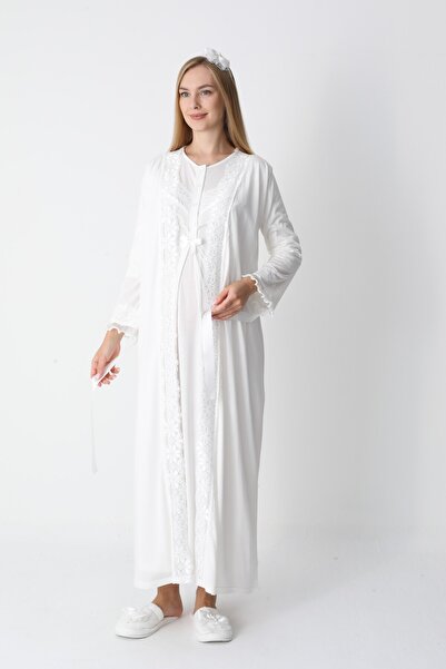 BLACKMORE Ecru Special Fancy Lace Design Cotton Maternity Nightgown-Dressing Gown Set of 2