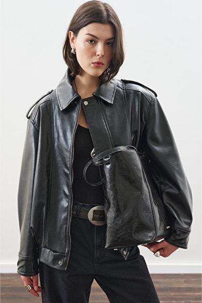 Manuka Retro Style Oversized Leather Jacket Black
