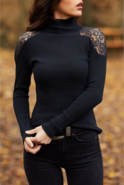 buğrahayalin Women's Long Sleeve Turtleneck Shoulders Lace Detail Ribbed Knit Fabric Blouse