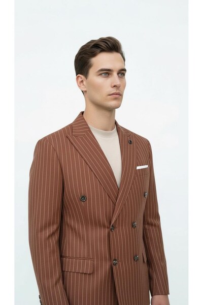 Plus Scorpion Brown Striped Men's Double-Breasted Blazer Jacket – Italian Cut, Modern Elegance