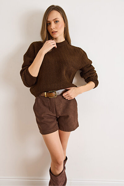 Olalook Women's Brown Soft Textured Balloon Sleeve Thick Knit Sweater Kzk-19001037