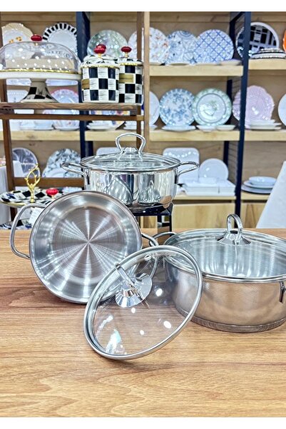 gülsan Bahar 6 Piece Mini Cookware Set with Glass Lid-Self-Decorated Stainless Steel