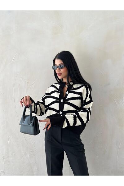 TOFİX textile Knit Cardigan with Wavy Stripe Detail, Off-The-Shoulder, Button-Up.
