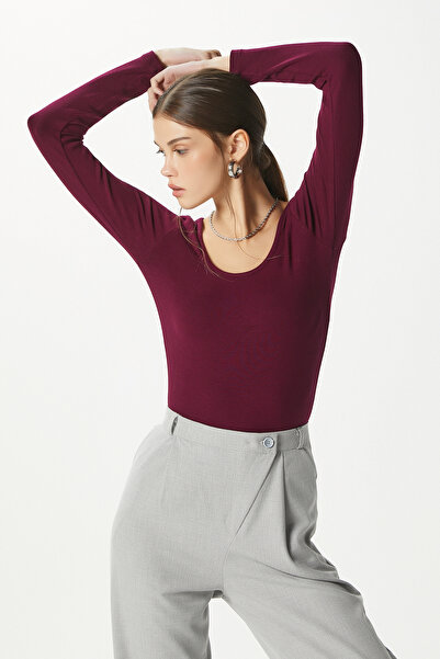 Ritnice Women's Heat Lux Touch U Neck Plum Long Sleeve Soft Blouse