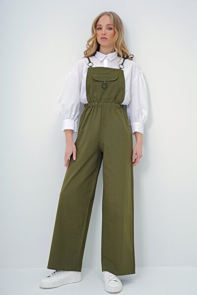 Trend Alaçatı Stili Haki Önü Cepli Askılı Halka Detaylı Aerobin Salopet Pantolon