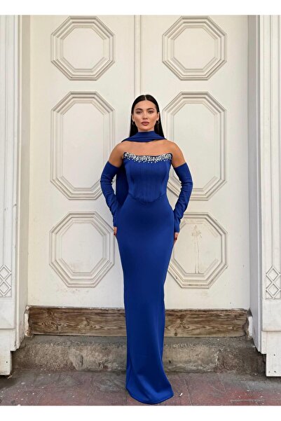 Modafeminen Scuba stretch fabric embroidered scarf detail fish tail evening dress 583340 saks