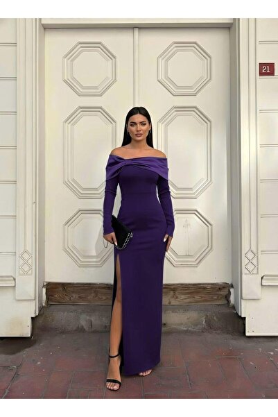 Modafeminen Flexible shiny satin neckline pleat bow detailed Slit evening dress 583363 purple