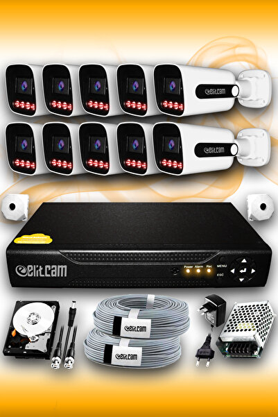 Elitcam 10 Kameralı Süper 10 Dış Kamera Set 1 TB 5 MP 2K Net Gece Görüşlü Güv...