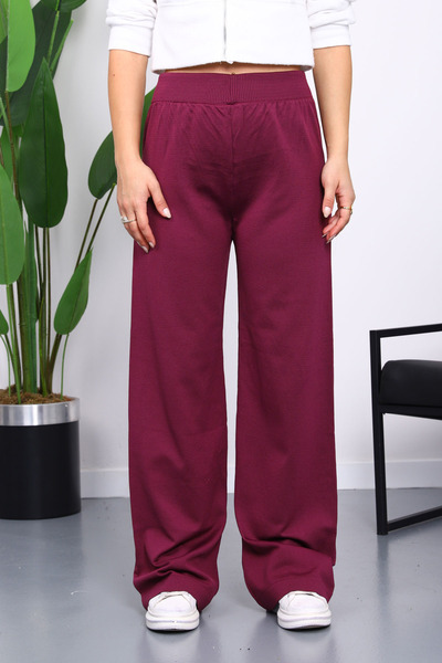 İmajButik Plum High Waist Corded Fabric Wide Leg Knitwear Trousers