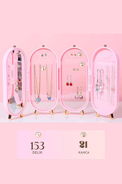 grimorlife Plastik Katlanabilir Aynalı Ayaklı Takı Standı- Takı Organizeri Beyaz