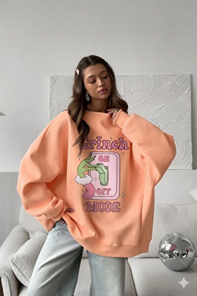 The Champ Clothing Rochie pentru femei supradimensionat Swea tricou Grinch Mode cu imprimeu Portocaliu – guler rotund , 3 fire Ş cu căptușeală din fleece Lână