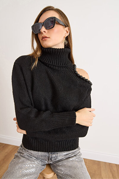 Olalook Pulover de tricotat gros, negru, cu un singur umăr, cu accesorii, pentru femei KZK-19001052