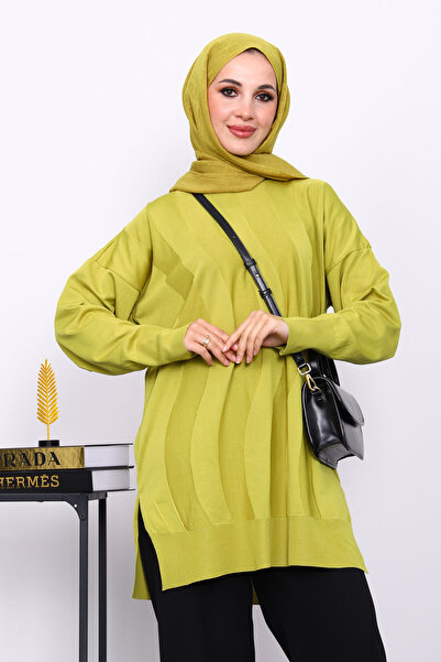 İmajButik Oil Green Crew Neck Cold Thread Knitwear Tunic