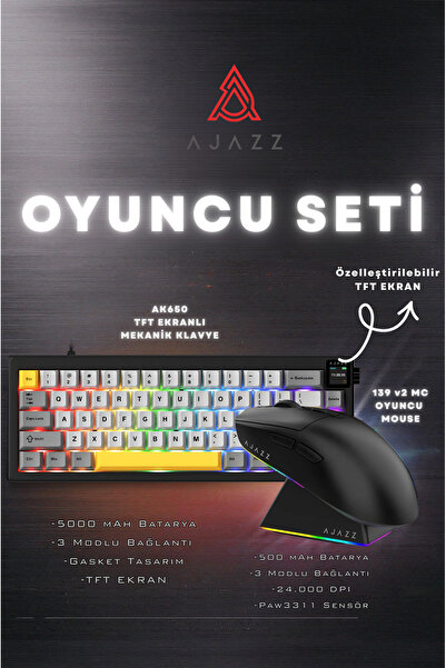 Ajazz AK650 TFT Ekranlı 3 Modlu Oyuncu Klavyesi + 139 v2 MC Profesyonel Oyuncu Mouse Seti