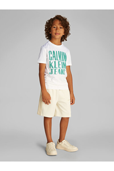 Calvin Klein Boys Bright White Logo Printed Short Sleeves T-Shirt