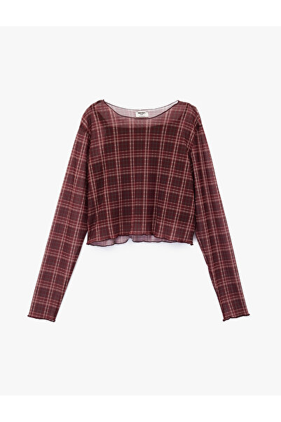 Koton Long Sleeve Crew Neck Plaid Crop Blouse