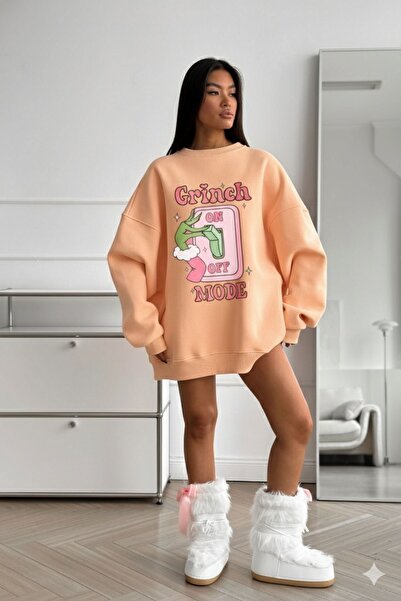 The Champ Clothing Rochie pentru femei supradimensionat Swea tricou Grinch Mode cu imprimeu Portocaliu – guler rotund , 3 fire Ş cu căptușeală din fleece Lână