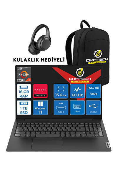 LENOVO V15 RYZEN 7 7730U 16 GB RAM DDR4 1 TB SSD 15,6" FULLHD WİN11PRO NOTEBOOK + OKATECH ÇANTA