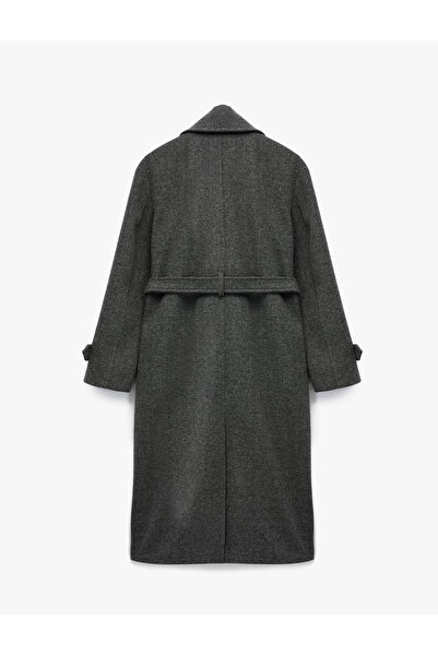Koton Long Sleeve Double-Breasted Long Cashmere Coat with Belt and Pockets