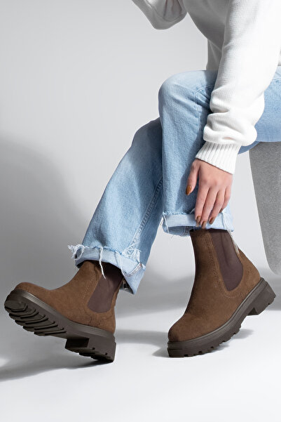 Marjin Γυναικείες μπότες καθημερινής χρήσης με ελαστικό φερμουάρ, αξεσουάρ, οδοντωτή χοντρή σόλα, ρουμπιτ καφέ σουέτ