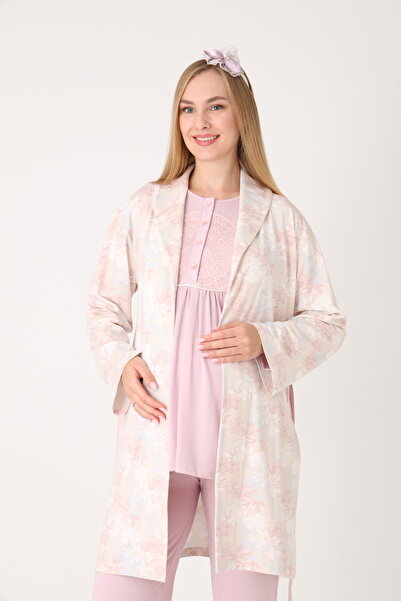 Pelin Women's Patterned Shawl Collar Special Design Winter Long Sleeve 3-Piece Maternity Pajama Set