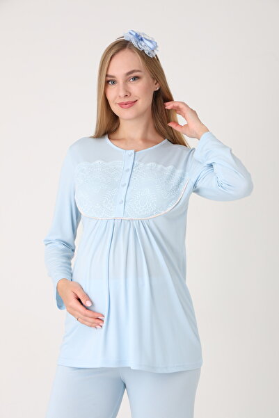 Pelin Women's Patterned Shawl Collar Special Design Winter Long Sleeve 3-Piece Maternity Pajama Set