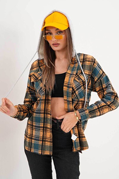 Polologin Butik Kadın Oduncu Hardal ve Mavi Renk Kapşonlu Kışlık Gömlek