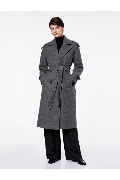 Koton Long Sleeve Double-Breasted Long Cashmere Coat with Belt and Pockets