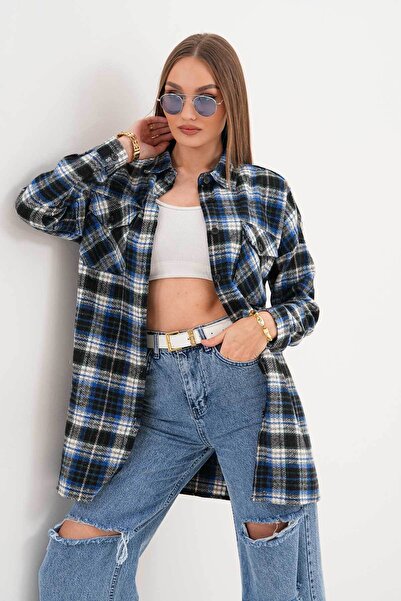 Polologin Butik Women's Lumberjack Blue Black Striped Pocket Araboy Sports Shirt